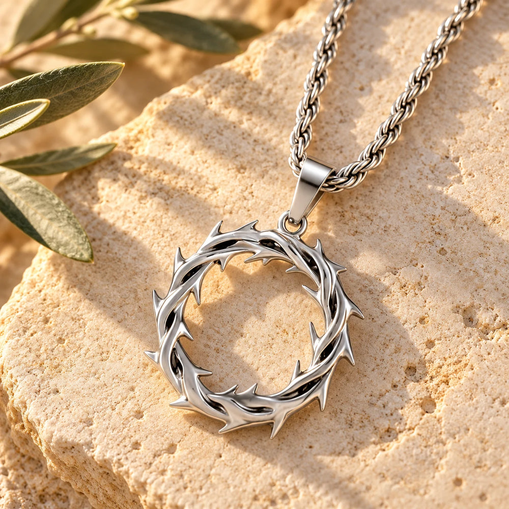 Close-up of the silver-tone crown of thorns pendant on a rope chain on limestone beside olive leaves