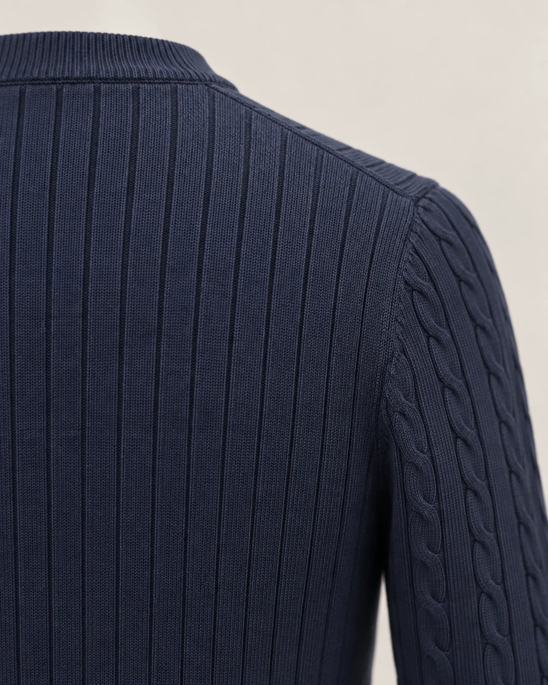 Kade navy sweater: ribbed back meeting the cable-knit sleeve - Ribbed Back and Cable-Knit Sleeve