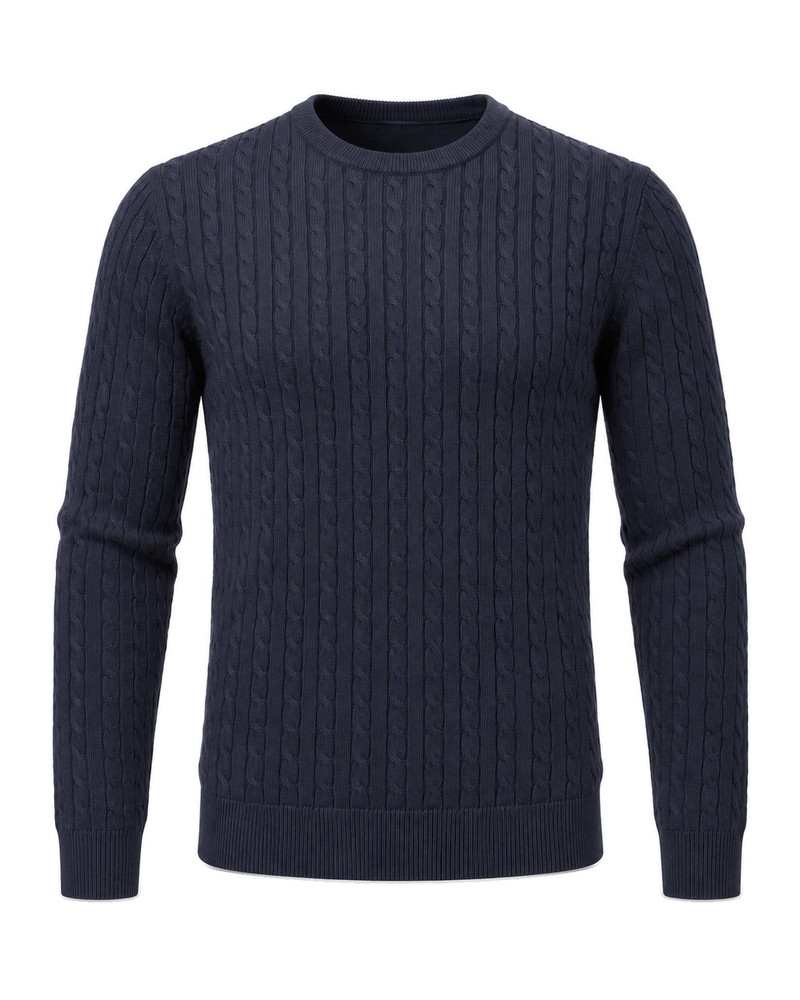 Kade men's navy cable-knit crew neck sweater, front view - Navy