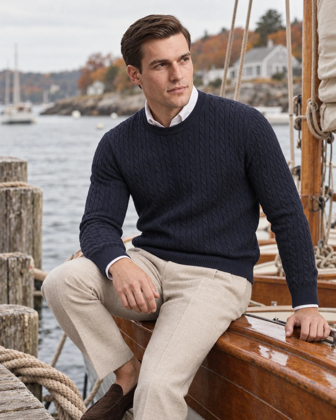 Man in the Kade navy cable-knit crew neck sweater on a wooden sailboat in an autumn harbor - Lifestyle Outdoor