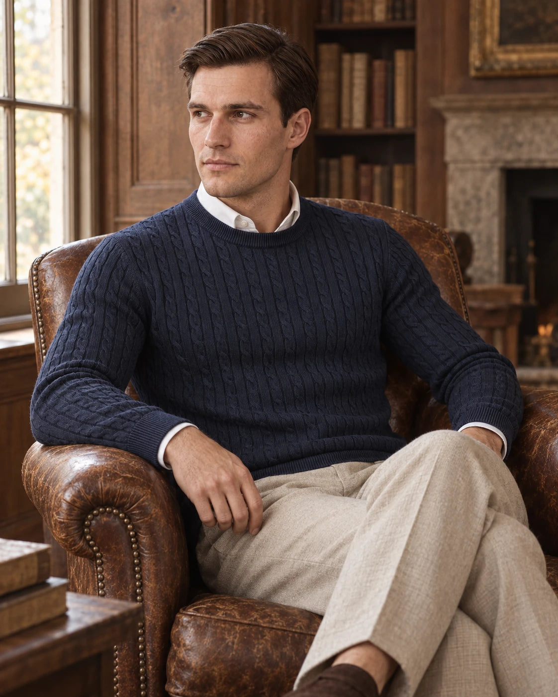 Man in the Kade navy cable-knit crew neck sweater in a leather armchair in a wood-panelled study - Lifestyle Indoor
