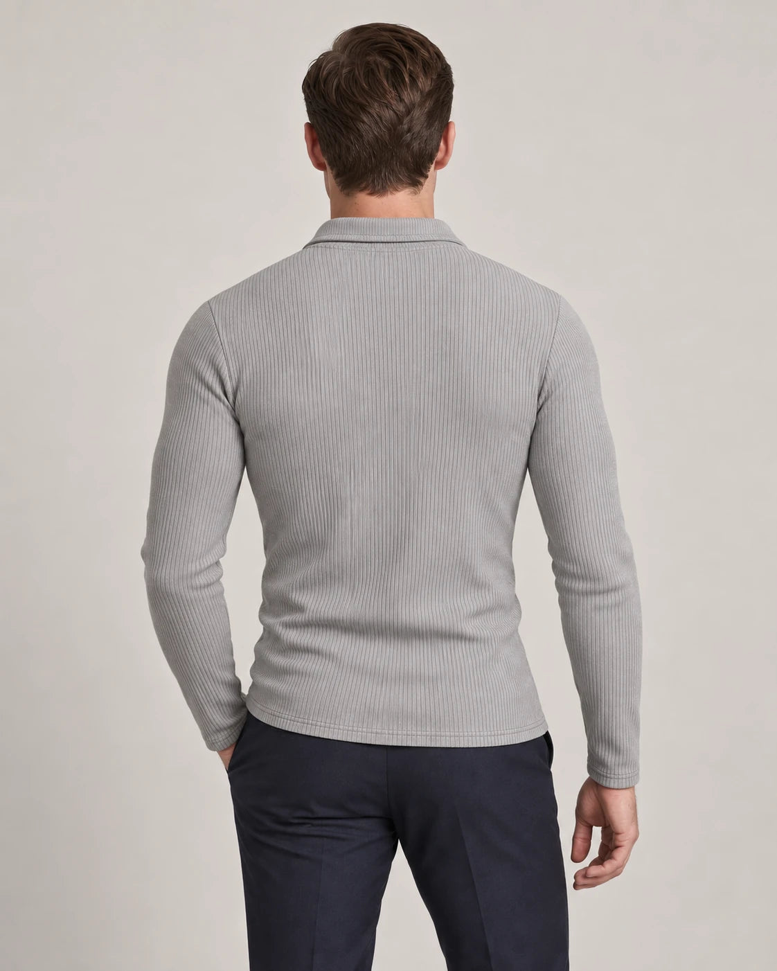 Men's Cotton-Blend Long-Sleeve Zip Polo Shirt - Horace - Model Back View