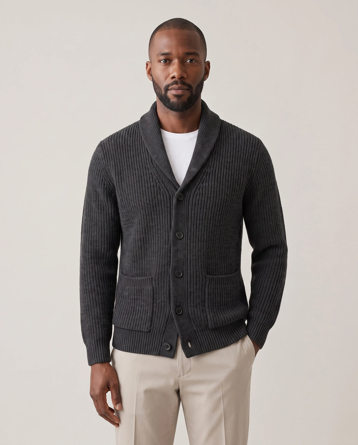 Men's Shawl Collar Button-Front Cardigan - Jermaine - Model Front View