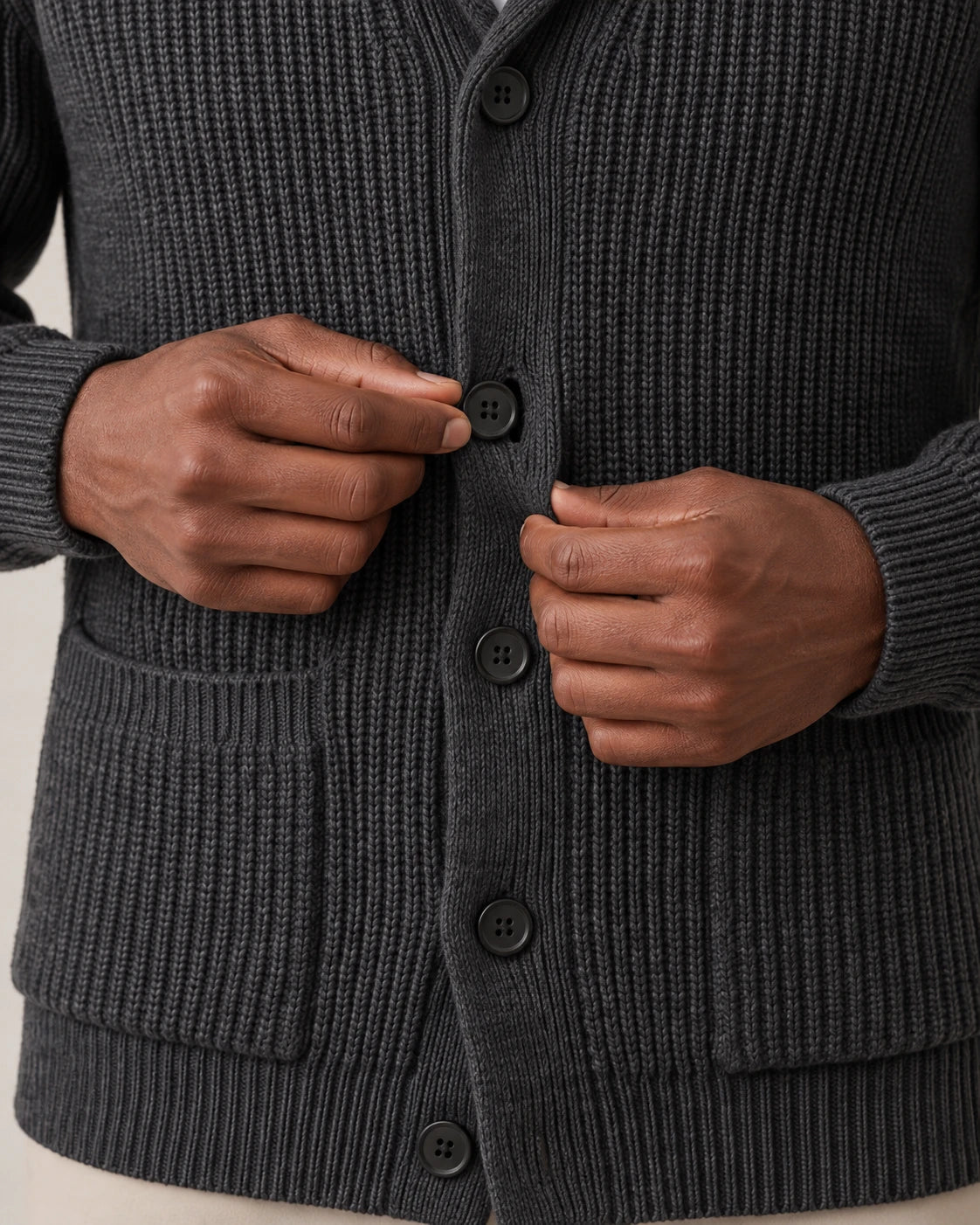 Men's Shawl Collar Button-Front Cardigan - Jermaine - Large Four-Hole Buttons