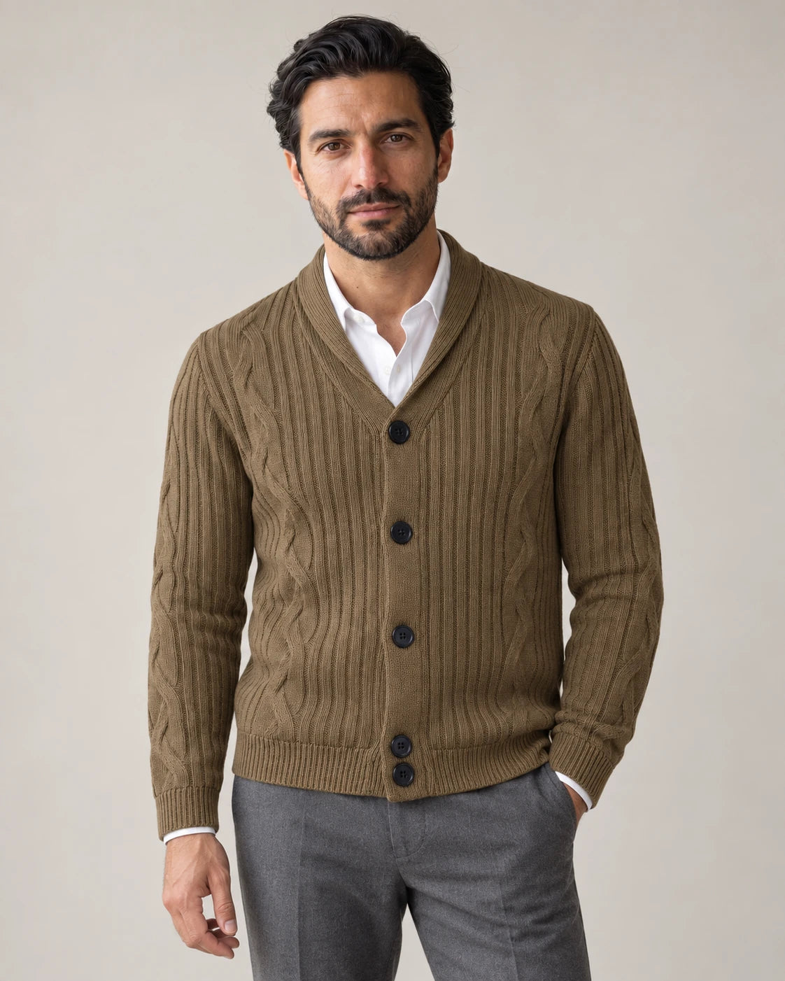 Men's Shawl Collar Knit Cardigan - Jamal - Model Front View