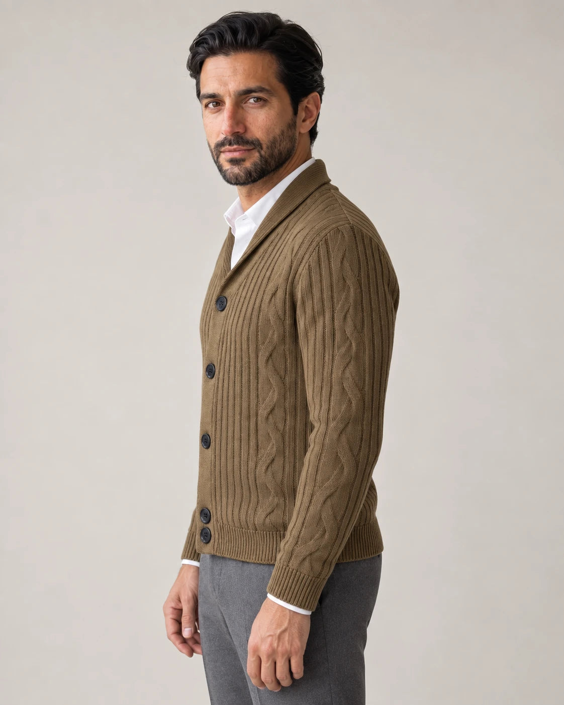Men's Shawl Collar Knit Cardigan - Jamal - Model Side View