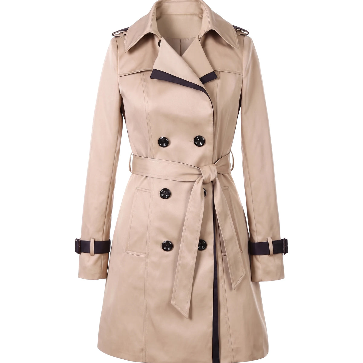 Women's Contrast-Trim Double-Breasted Trench Coat - Bridget - Beige