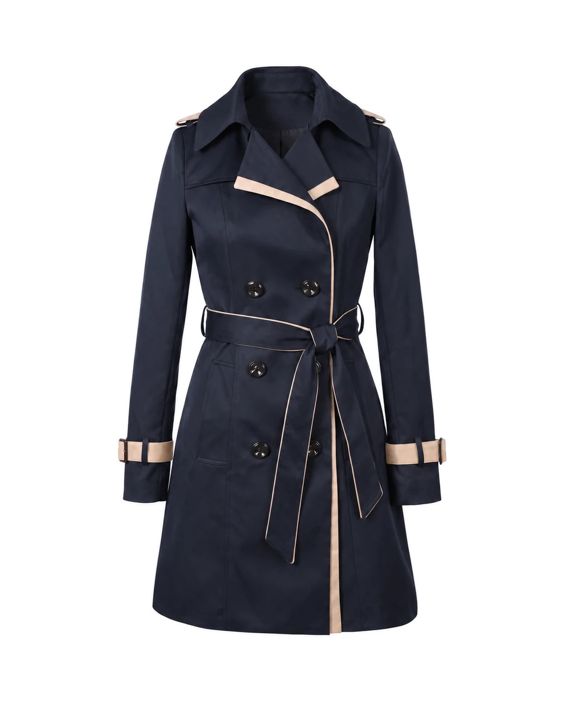 Women's Contrast-Trim Double-Breasted Trench Coat - Bridget - Navy