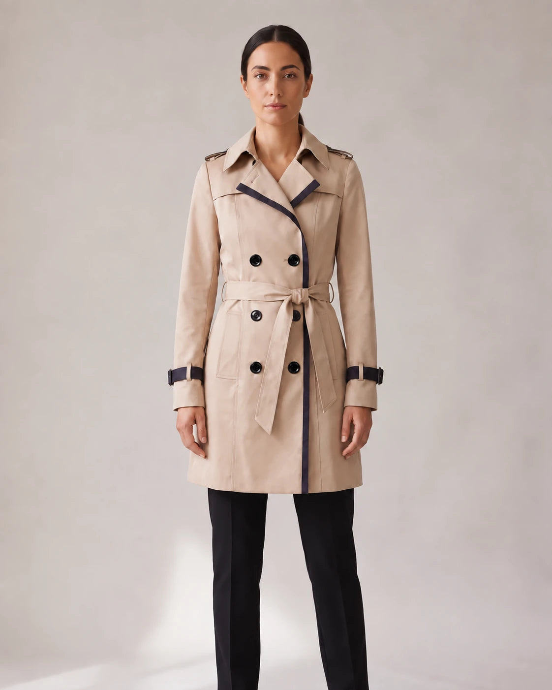 Women's Contrast-Trim Double-Breasted Trench Coat - Bridget - Model Front View