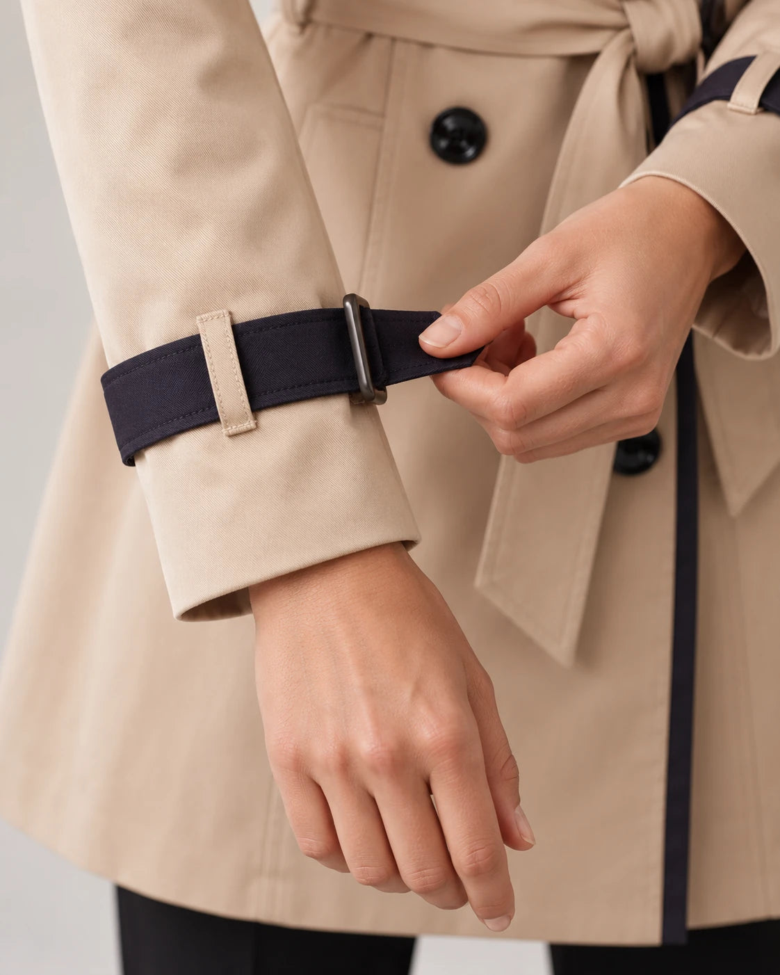 Women's Contrast-Trim Double-Breasted Trench Coat - Bridget - Buckled Cuff Strap