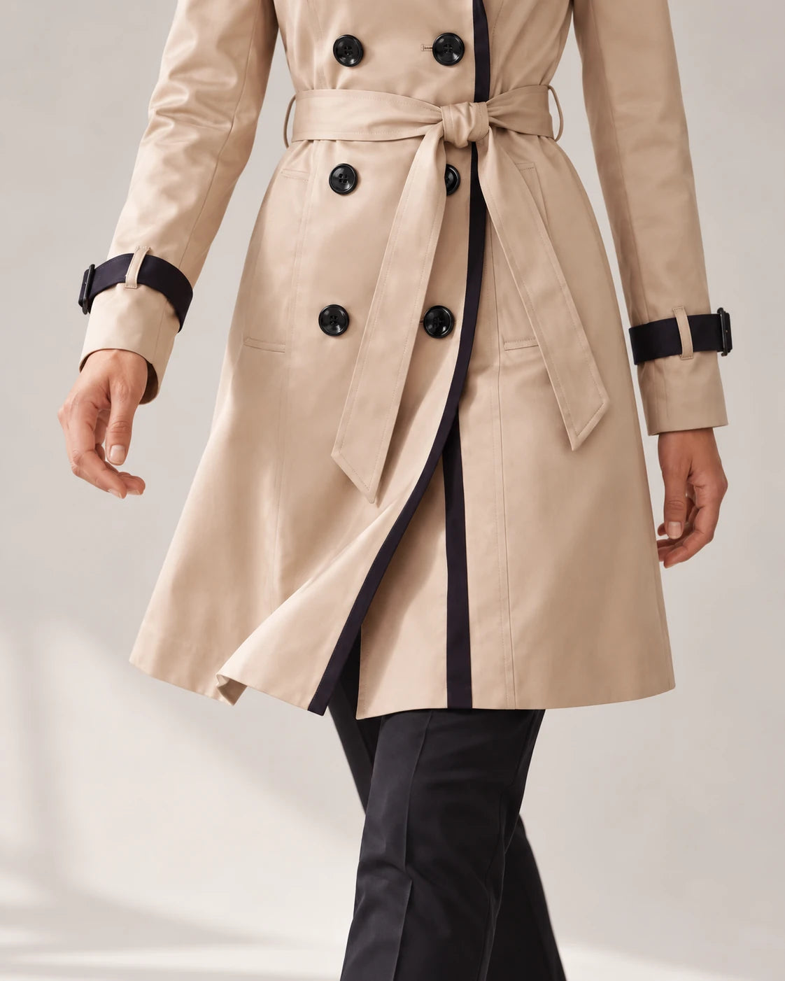 Women's Contrast-Trim Double-Breasted Trench Coat - Bridget - Belted Waist in Motion