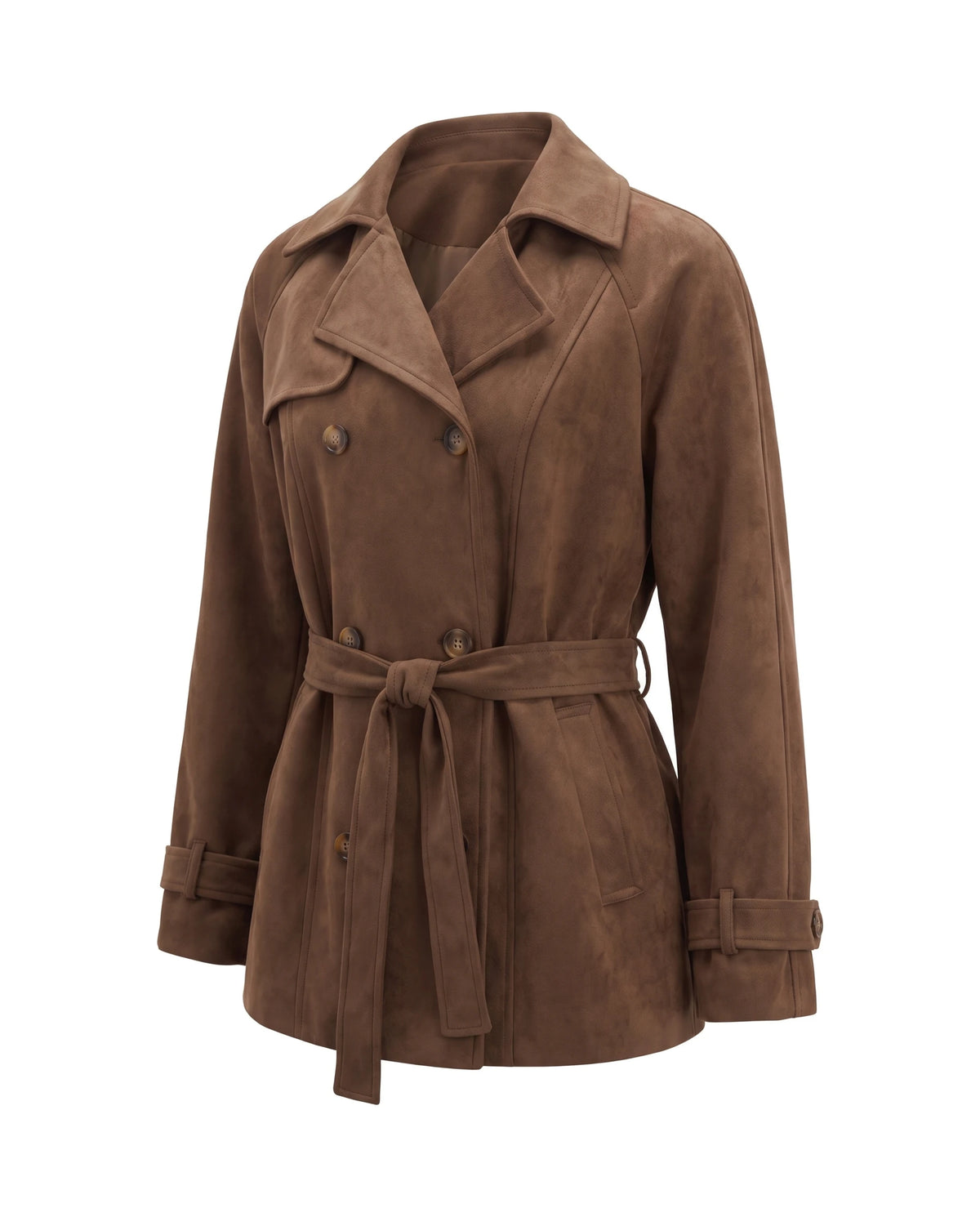 Women's Double-Breasted Cropped Trench Coat - Ashlyn - Three-Quarter View