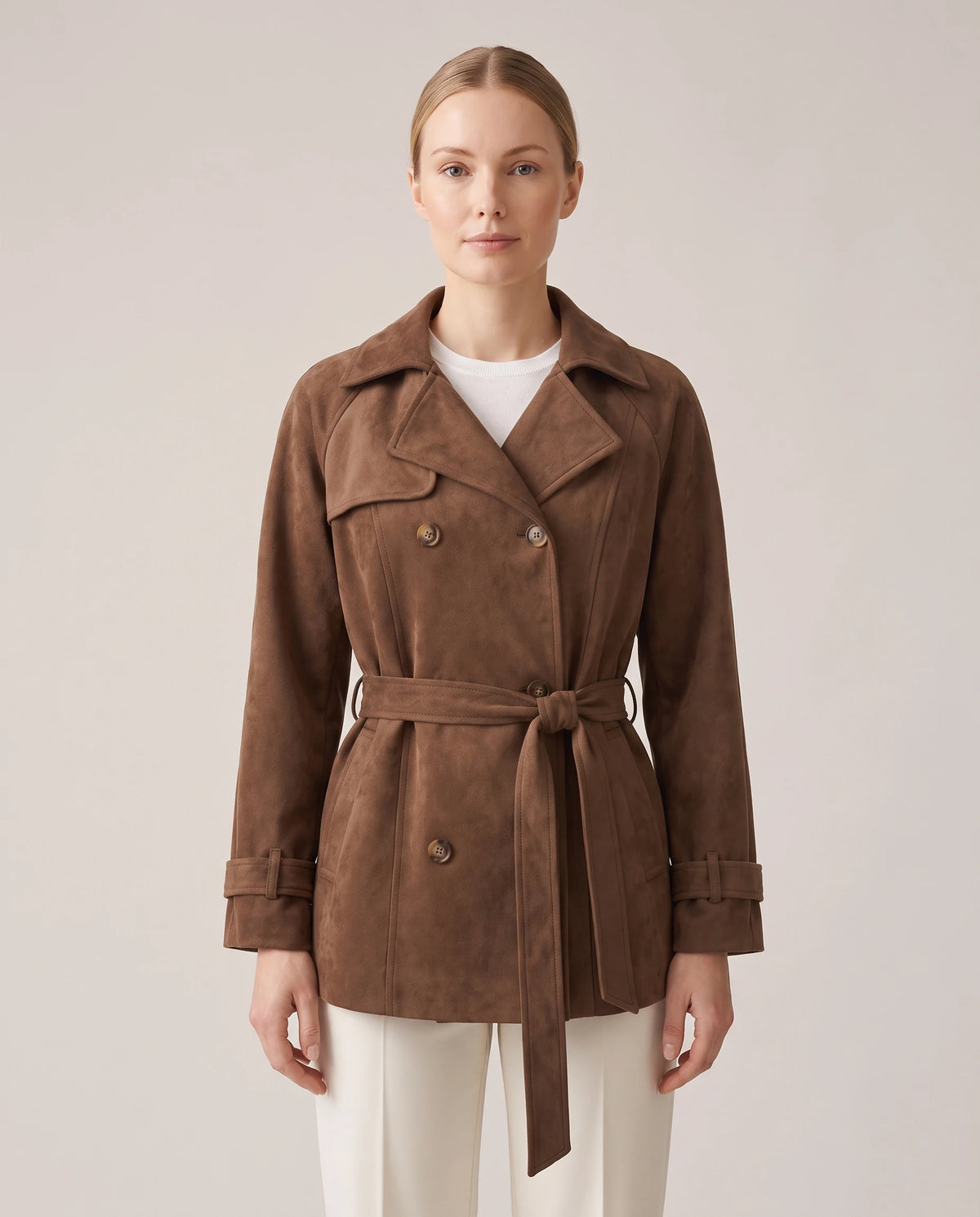 Women's Double-Breasted Cropped Trench Coat - Ashlyn - Model Front View
