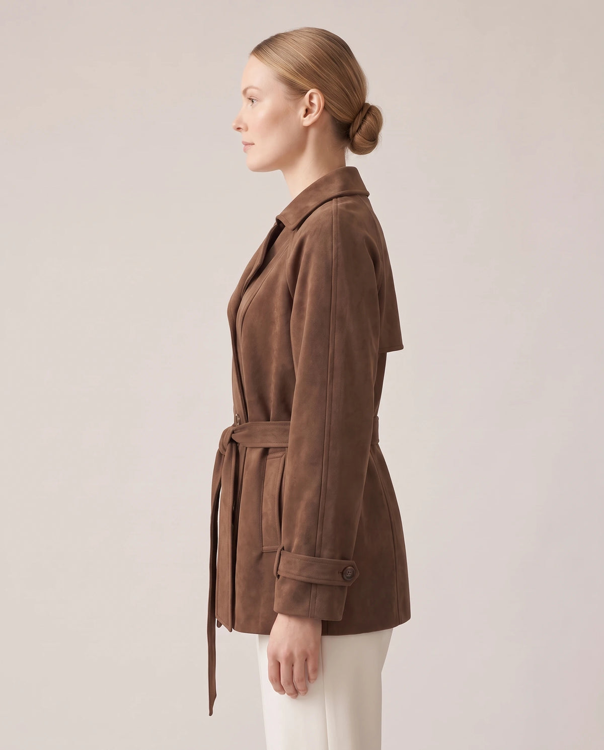 Women's Double-Breasted Cropped Trench Coat - Ashlyn - Model Side View