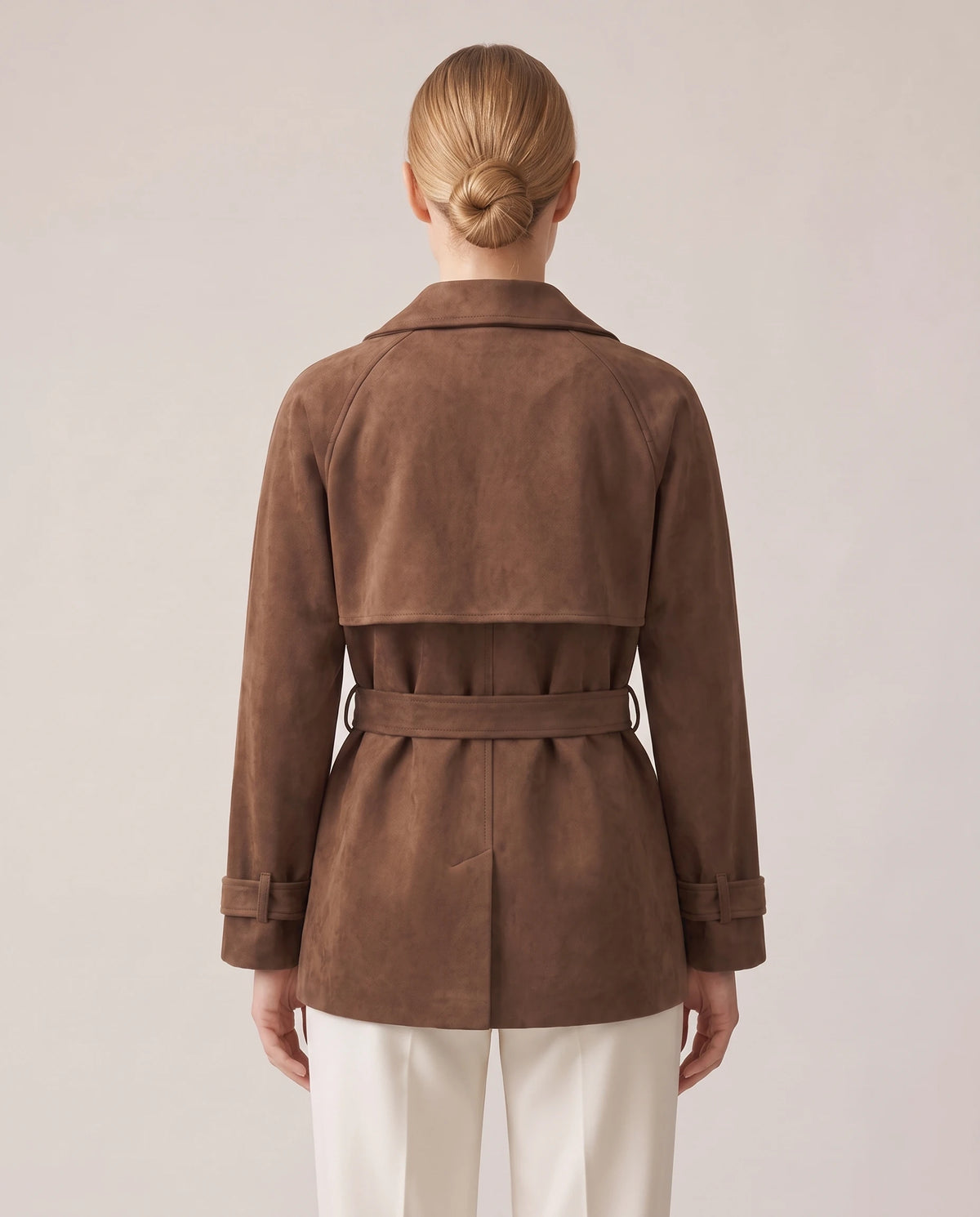 Women's Double-Breasted Cropped Trench Coat - Ashlyn - Model Back View