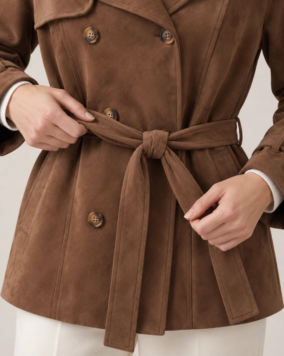 Women's Double-Breasted Cropped Trench Coat - Ashlyn - Self-Tie Suede Belt