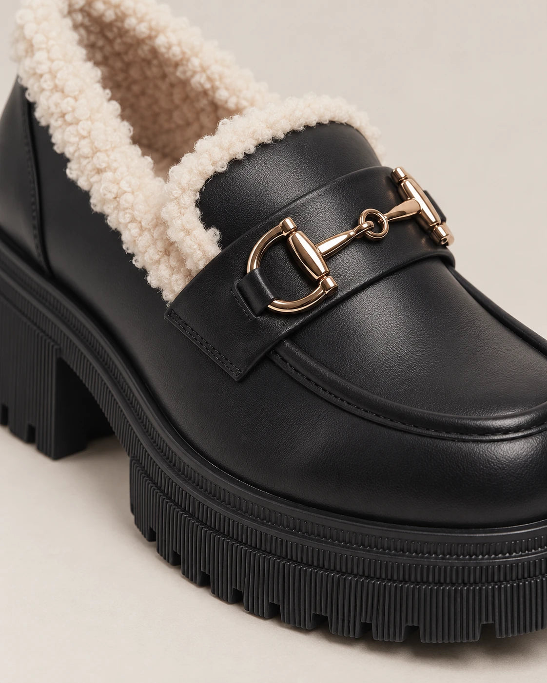 Women's Fleece-Lined Platform Loafers - Marcia - Horsebit and Lug Platform Sole