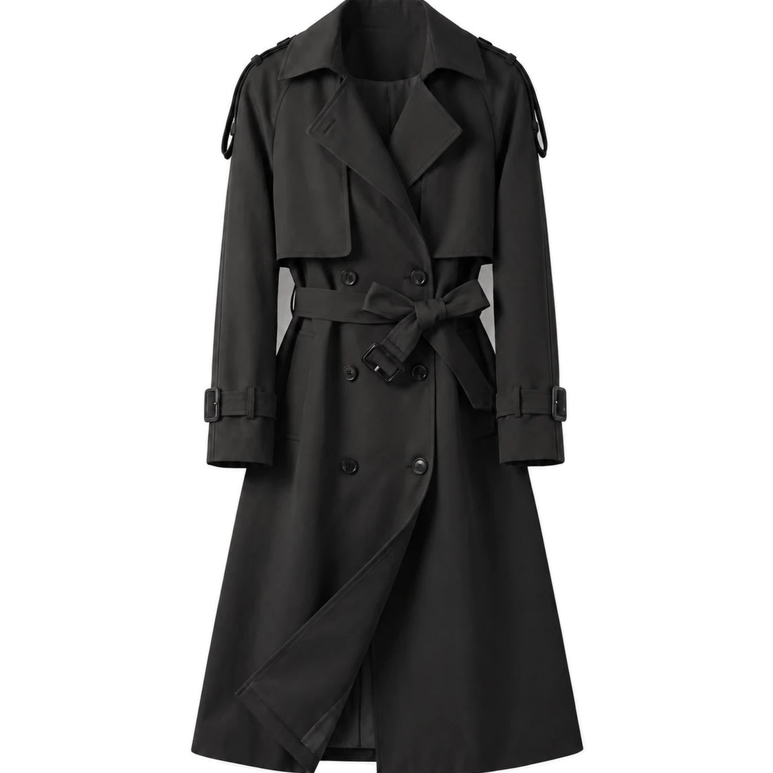 Women's Long Double-Breasted Belted Trench Coat - Francesca - Black