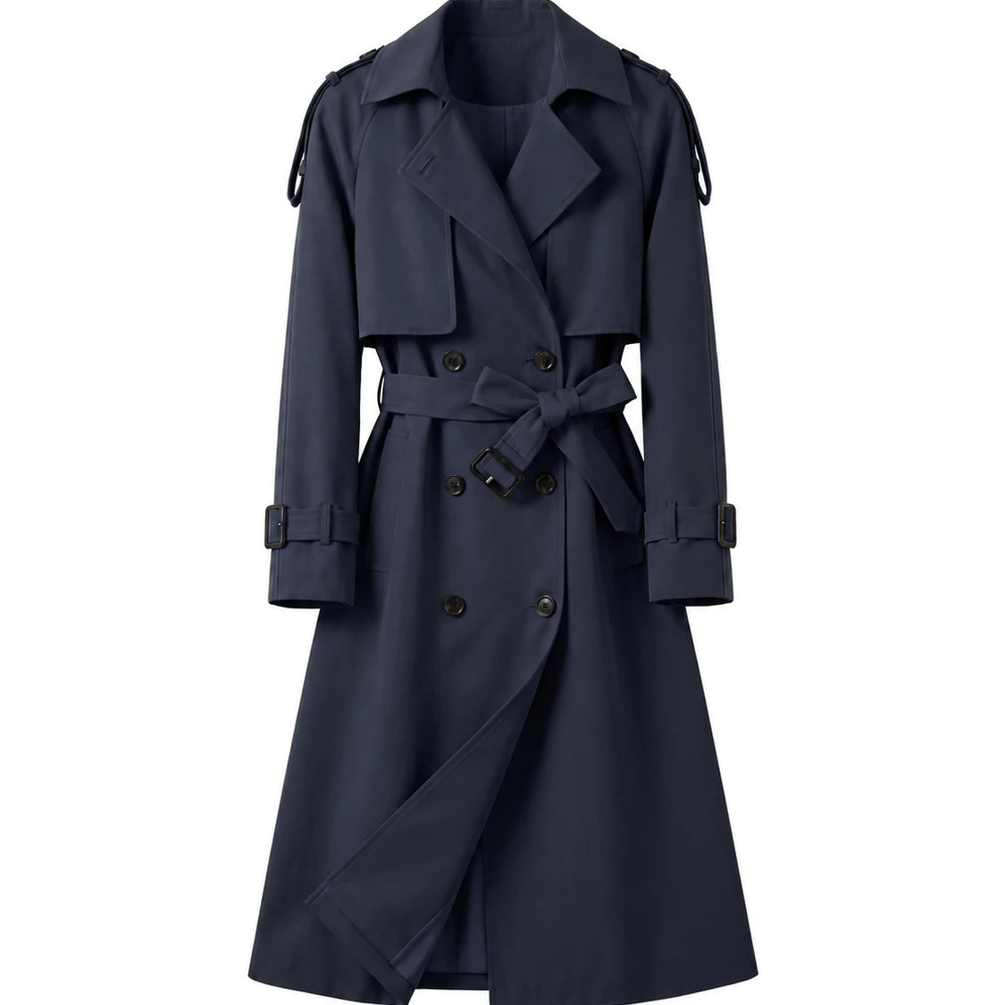 Women's Long Double-Breasted Belted Trench Coat - Francesca - Navy