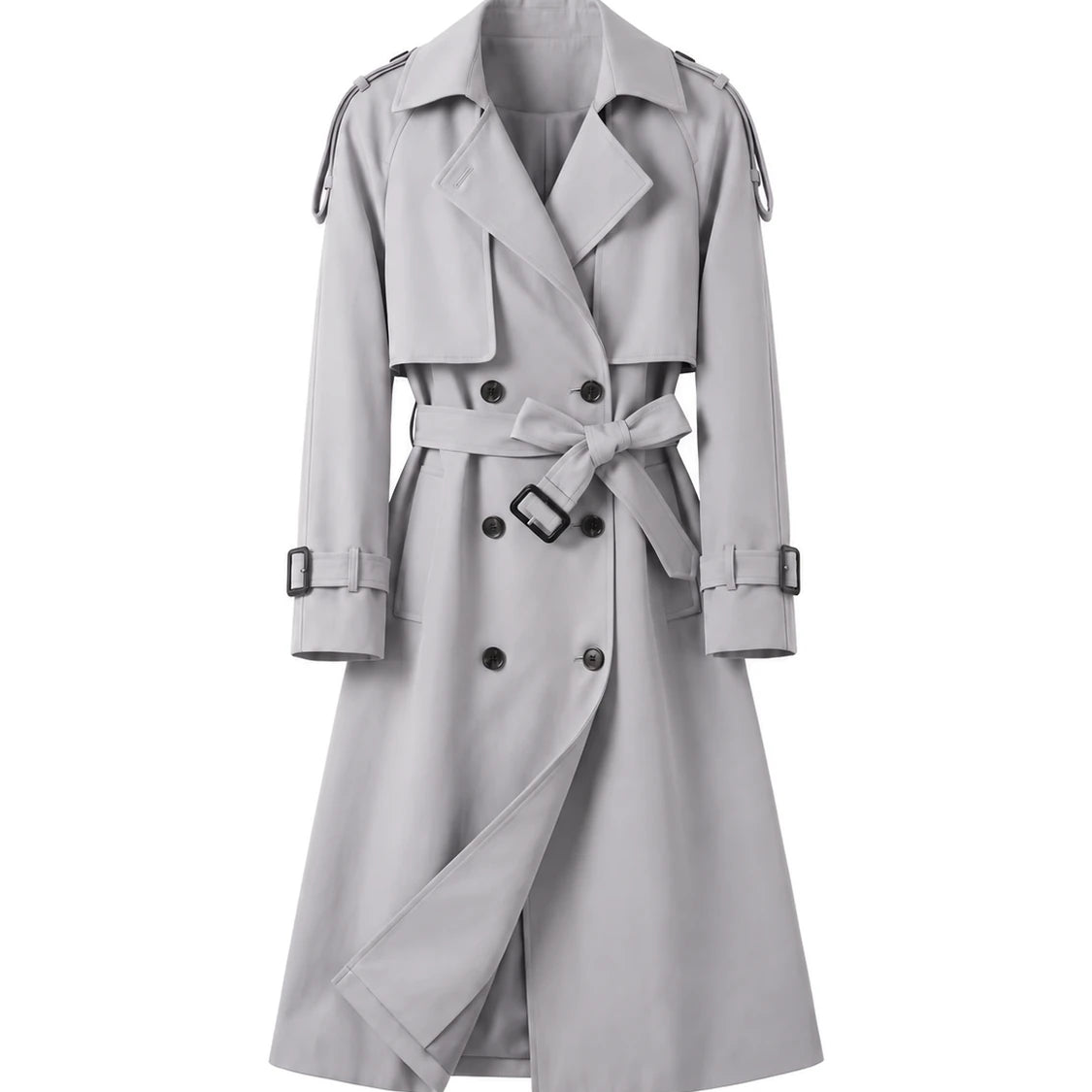 Women's Long Double-Breasted Belted Trench Coat - Francesca - Light Gray