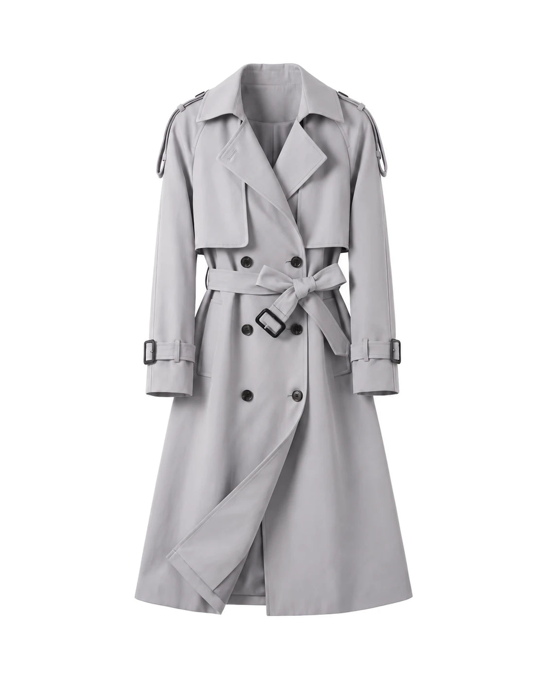 Women's Long Double-Breasted Belted Trench Coat - Francesca - Light Gray
