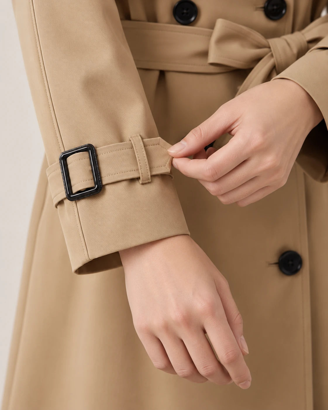 Women's Long Double-Breasted Belted Trench Coat - Francesca - Buckled Cuff Strap