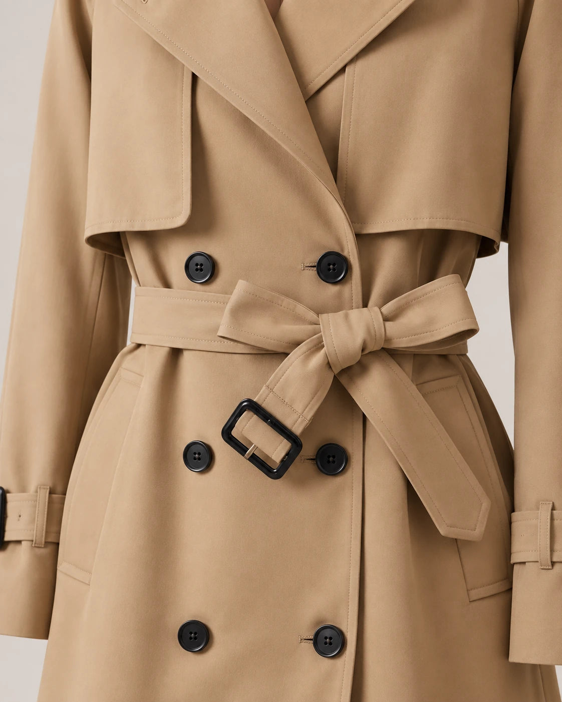 Women's Long Double-Breasted Belted Trench Coat - Francesca - Tied Belt with Black Buckle