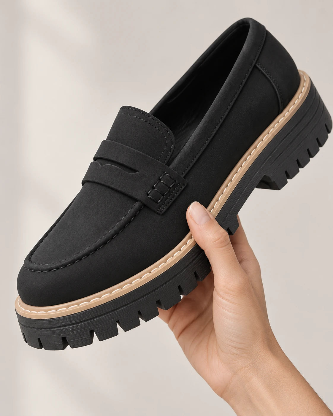 Women's Lug-Sole Penny Loafers - Jutta - Chunky Lug Sole in Hand
