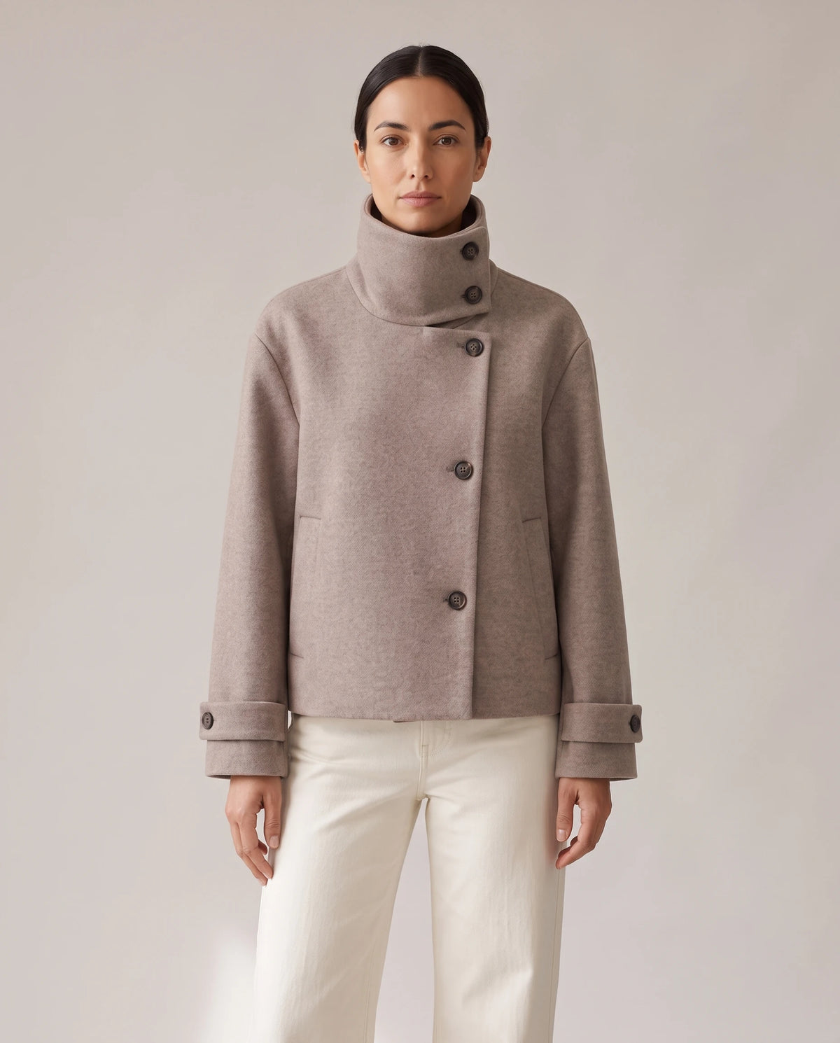 Women's Stand-Collar Cropped Coat - Victoria - Model Front View