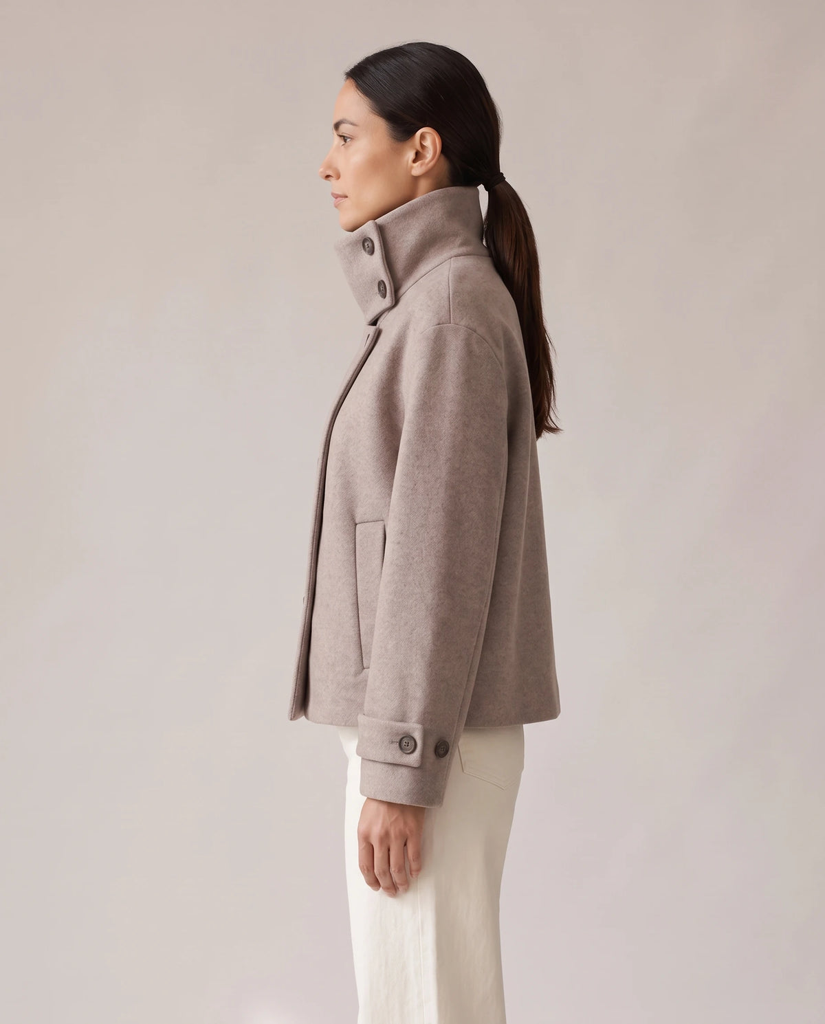 Women's Stand-Collar Cropped Coat - Victoria - Model Side View