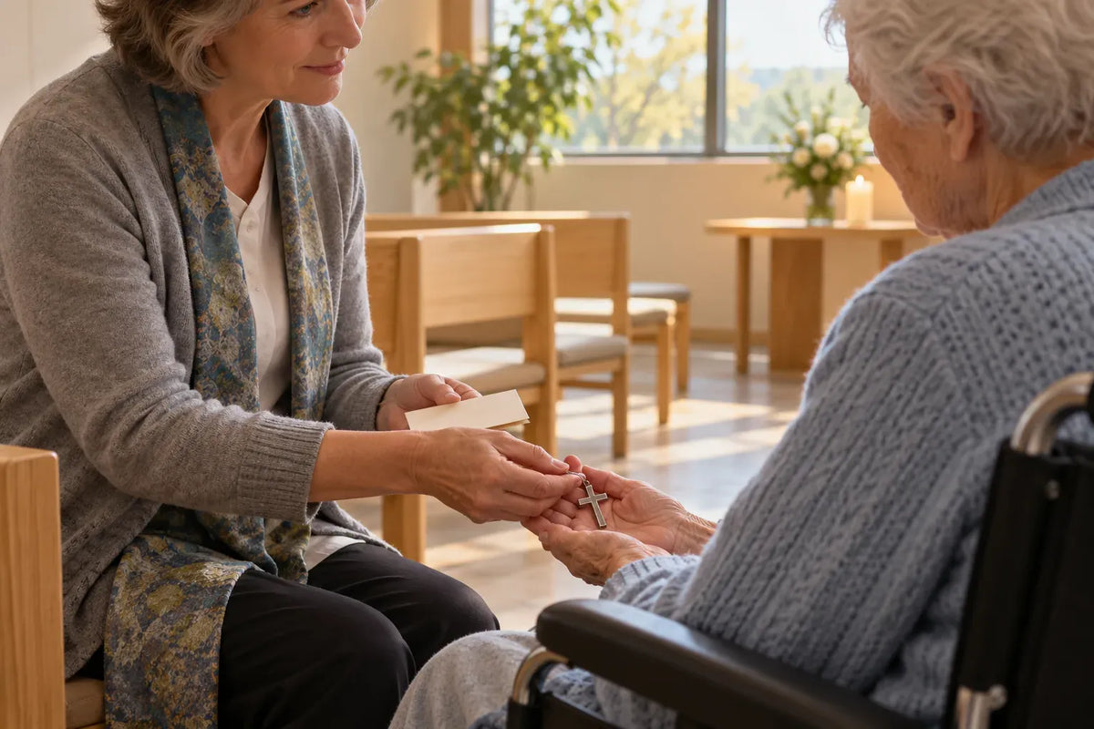 A hospital chaplain placing a small cross and a folded card into a patient’s hand, brand illustration