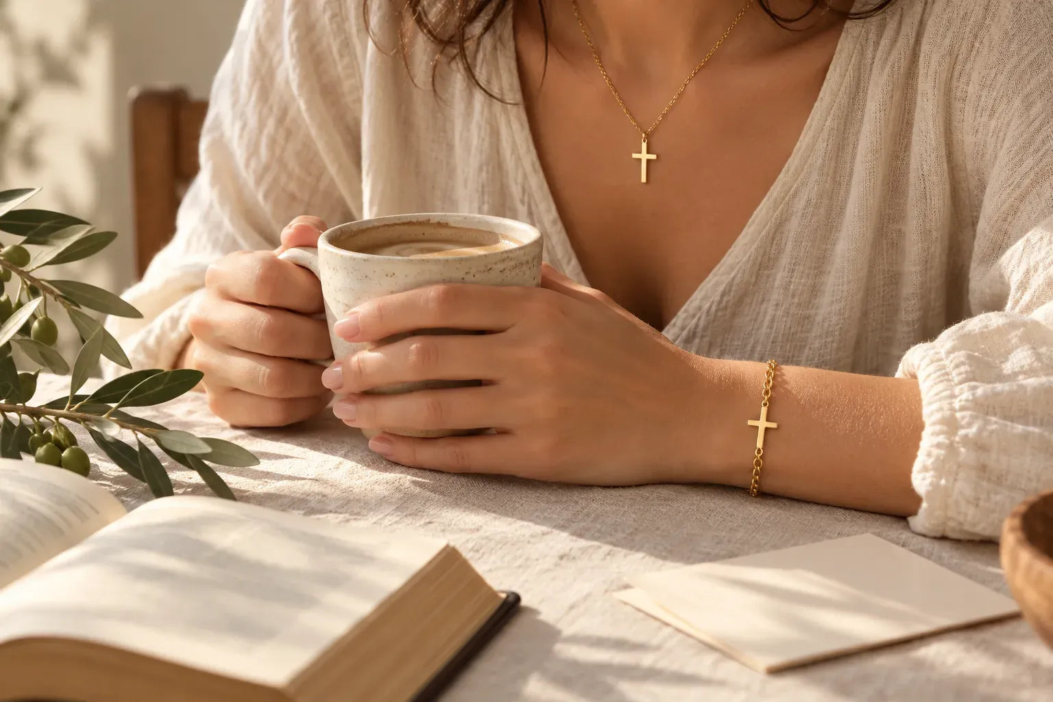 Hands around a coffee cup, a fine gold cross at the collarbone and a rope bracelet with a cross
