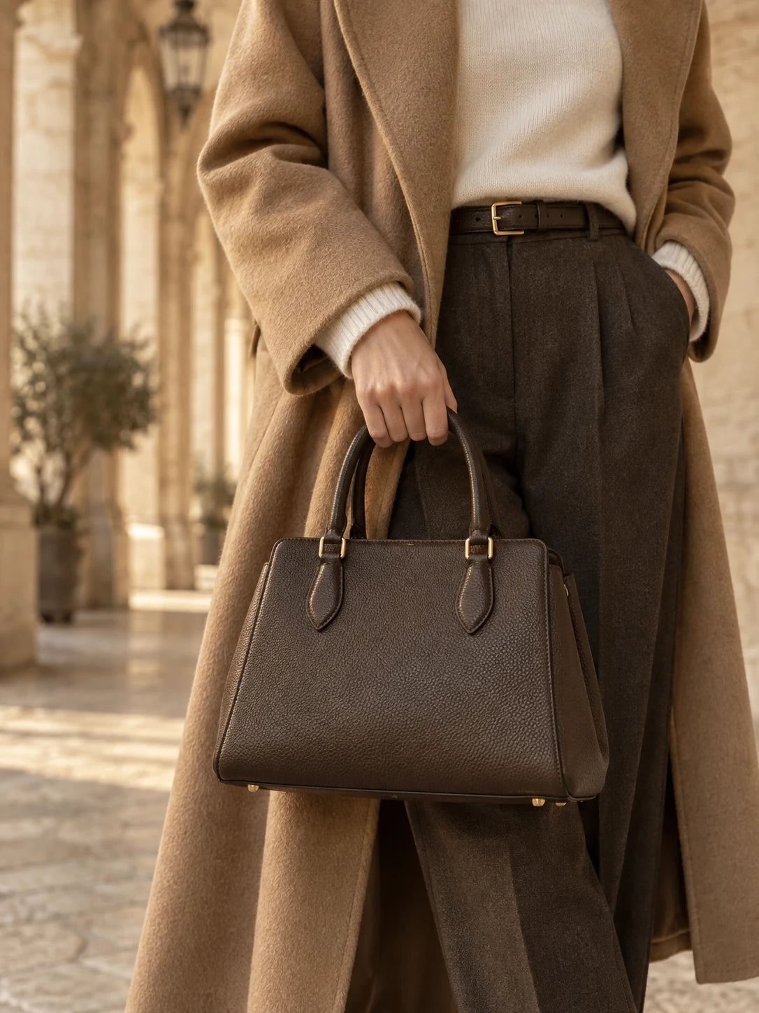 Structured chocolate leather handbag carried with a camel coat