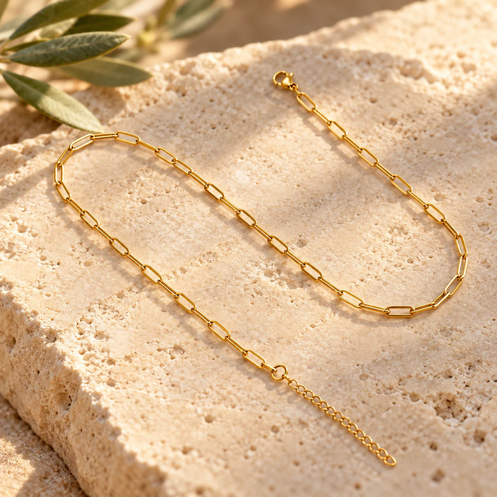 Close-up of the gold-tone 3 mm paperclip chain necklace on limestone beside olive leaves