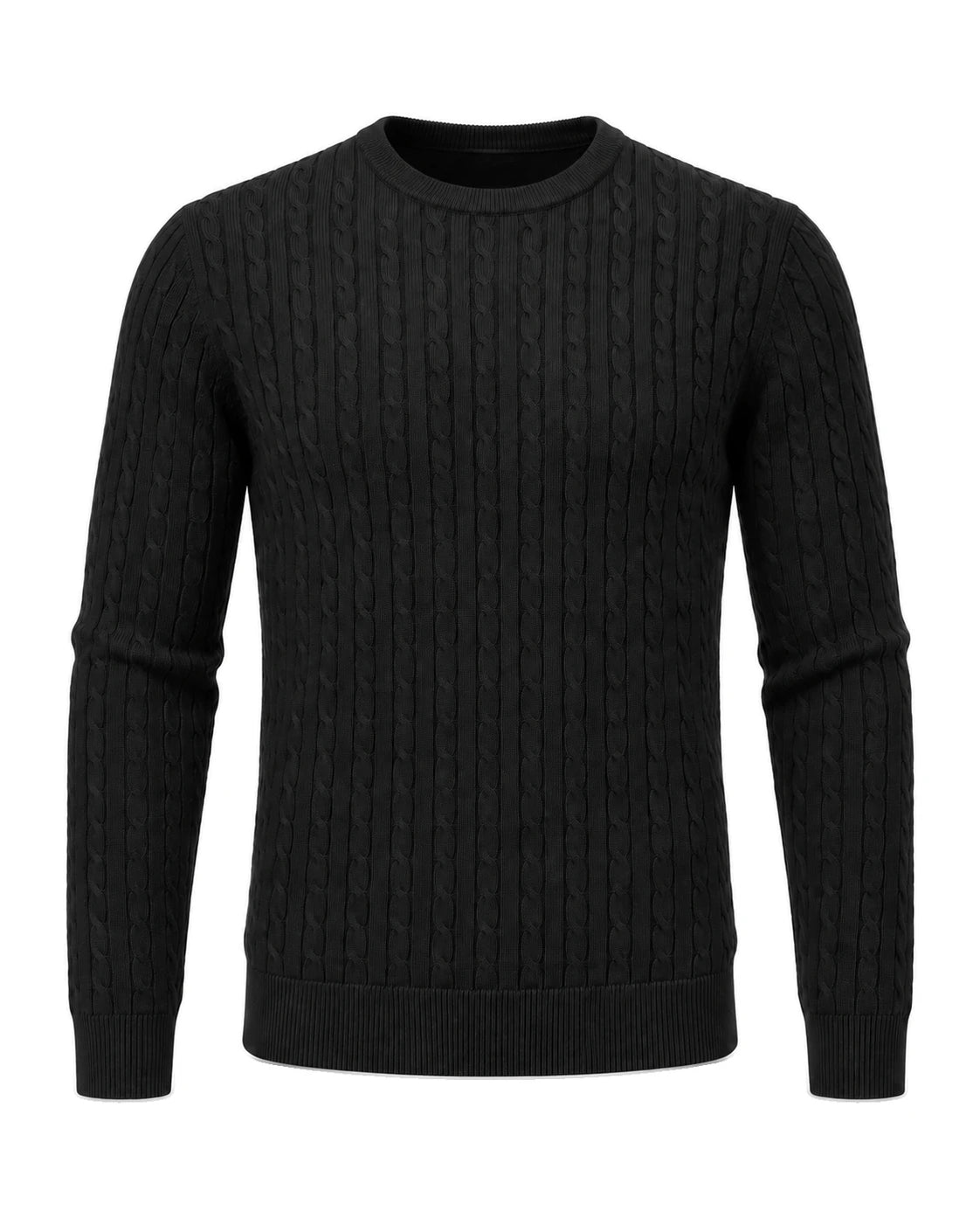 Kade men's black cable-knit crew neck sweater, front view - Black