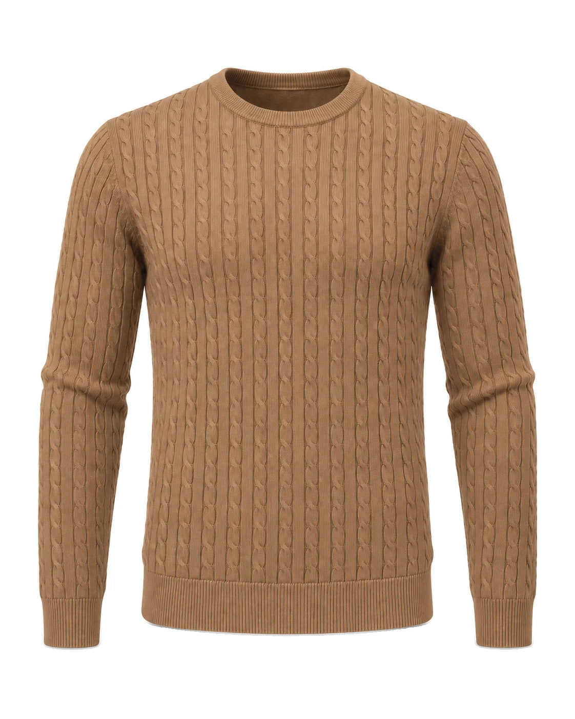 Kade men's camel cable-knit crew neck sweater, front view - Camel