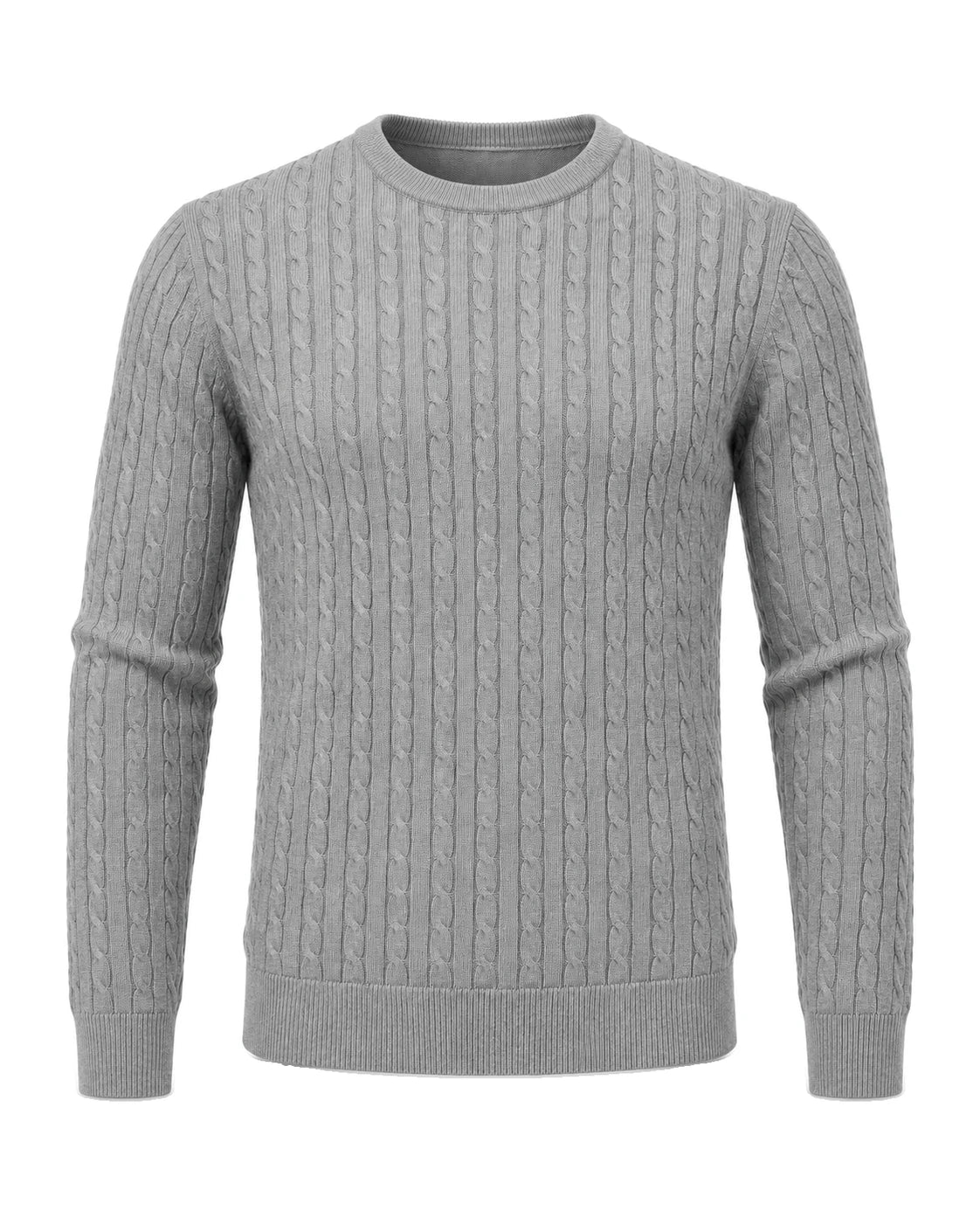 Kade men's gray cable-knit crew neck sweater, front view - Gray