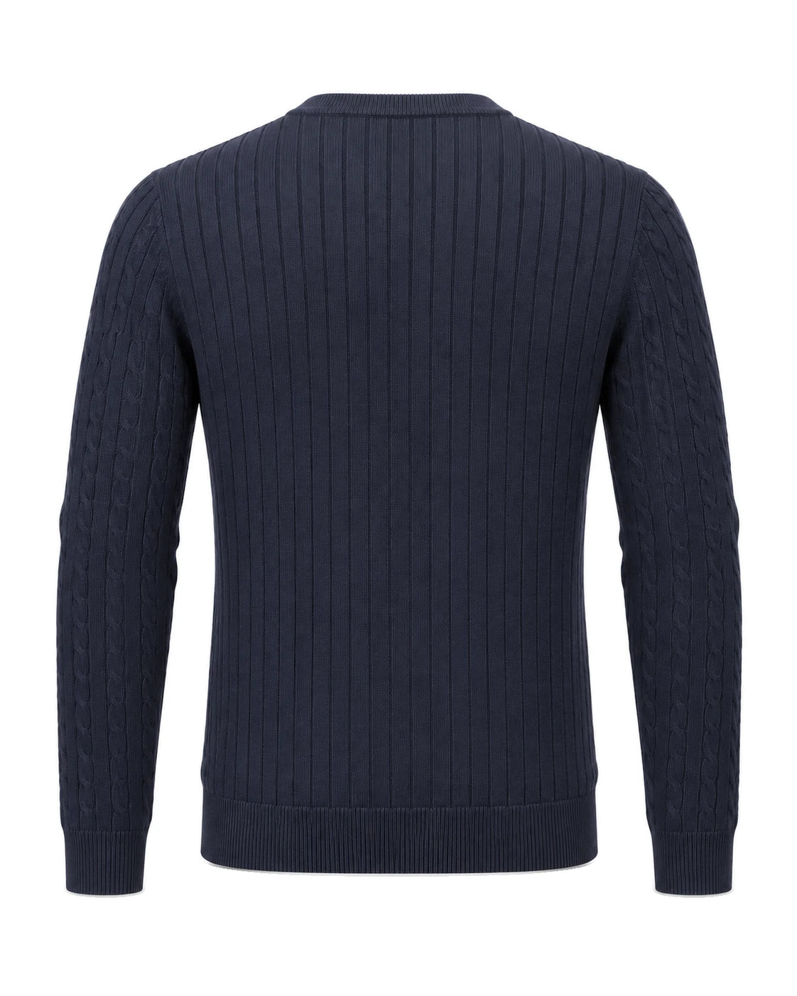 Back of the Kade men's navy crew neck sweater with ribbed back and cable-knit sleeves - Back View