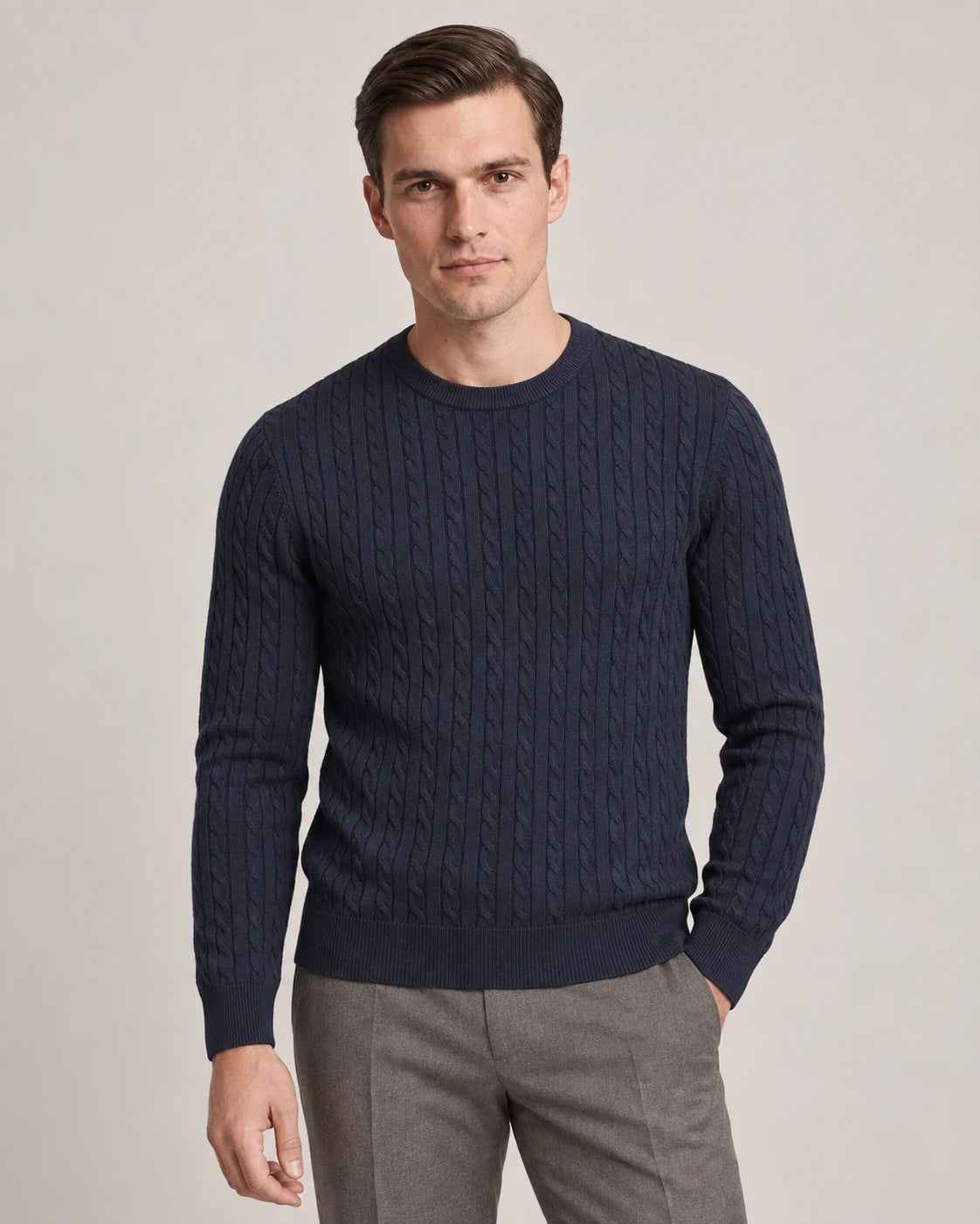Man wearing the Kade navy cable-knit crew neck sweater, front view - Model Front View