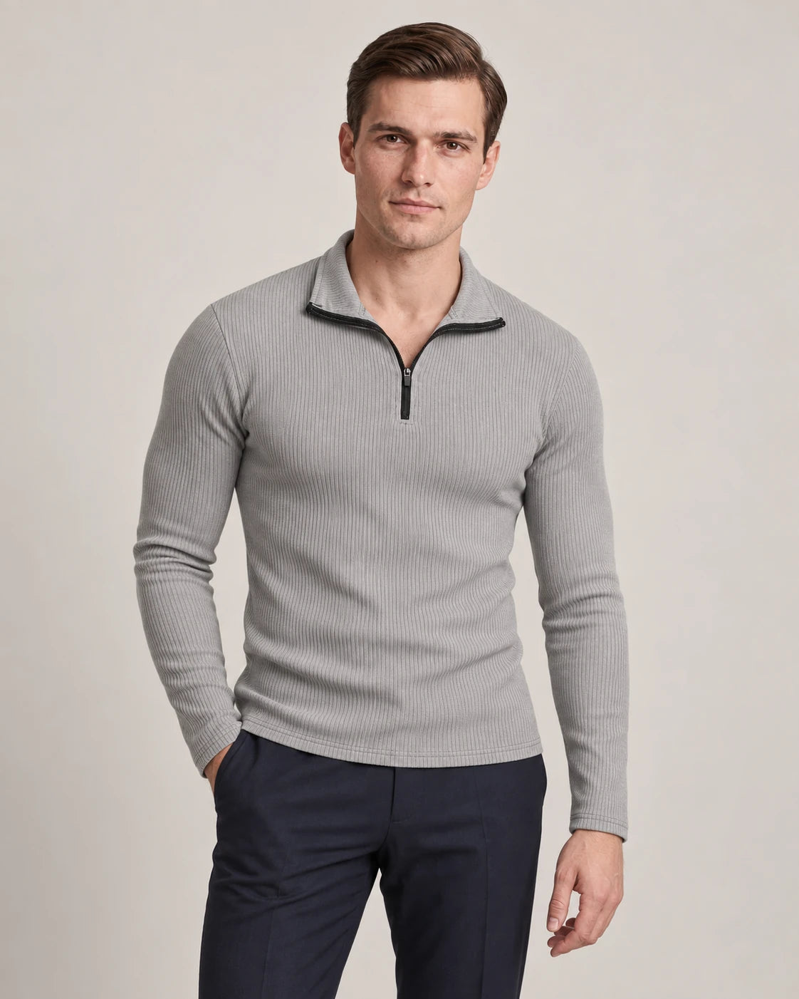Men's Cotton-Blend Long-Sleeve Zip Polo Shirt - Horace - Model Front View