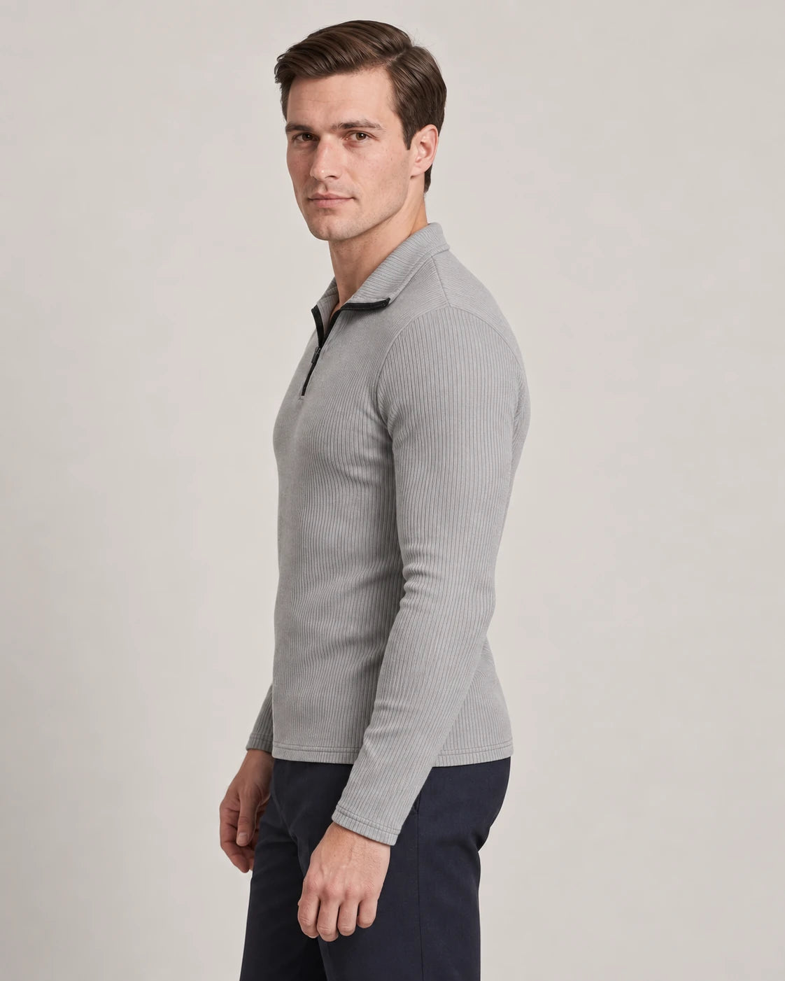 Men's Cotton-Blend Long-Sleeve Zip Polo Shirt - Horace - Model Side View