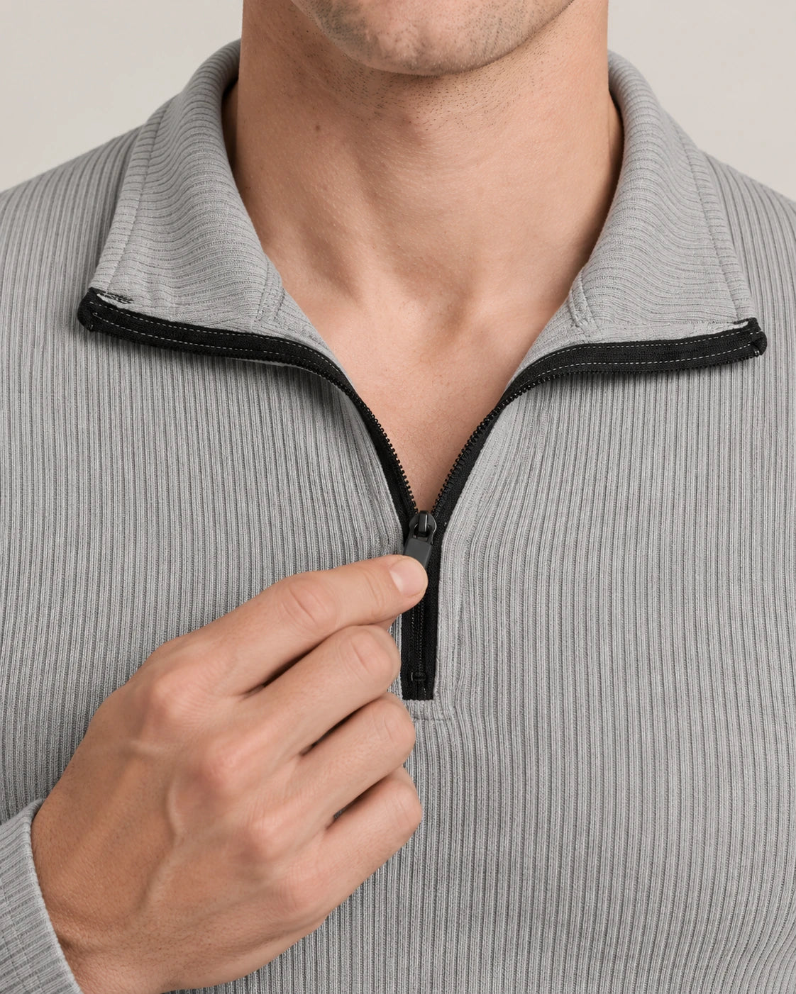 Men's Cotton-Blend Long-Sleeve Zip Polo Shirt - Horace - Half-Zip with Black Piping