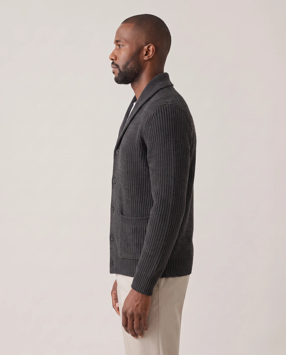 Men's Shawl Collar Button-Front Cardigan - Jermaine - Model Side View