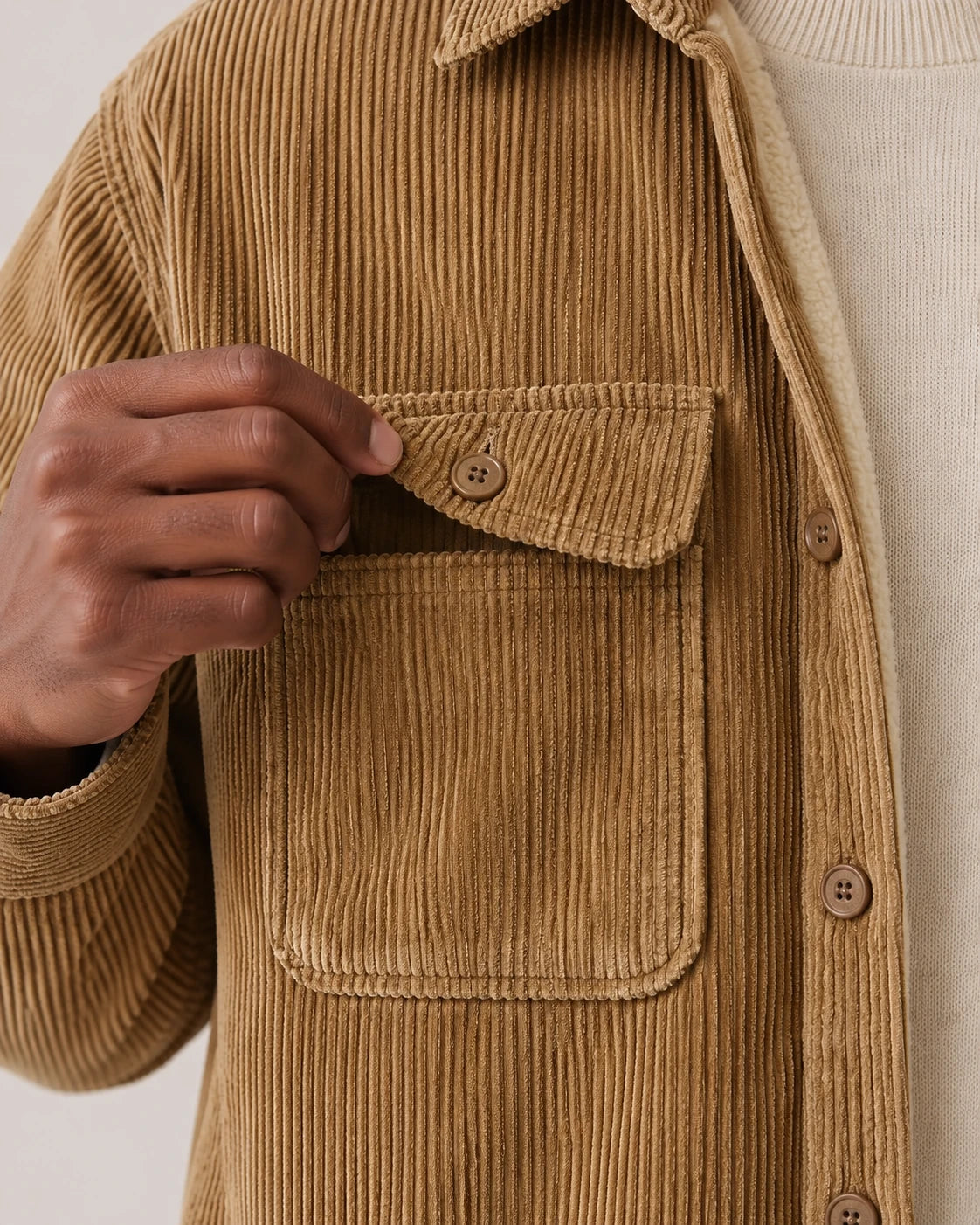 Men's Sherpa-Lined Corduroy Shirt Jacket - Clay - Buttoned Flap Chest Pocket