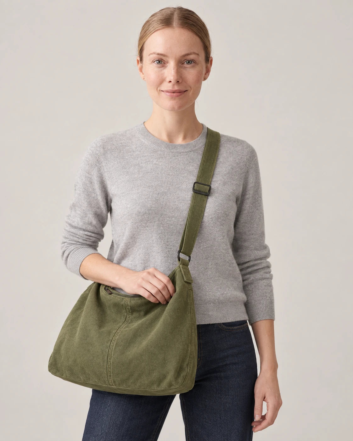 Women's Washed Canvas Hobo Bag - Colette - Model Front