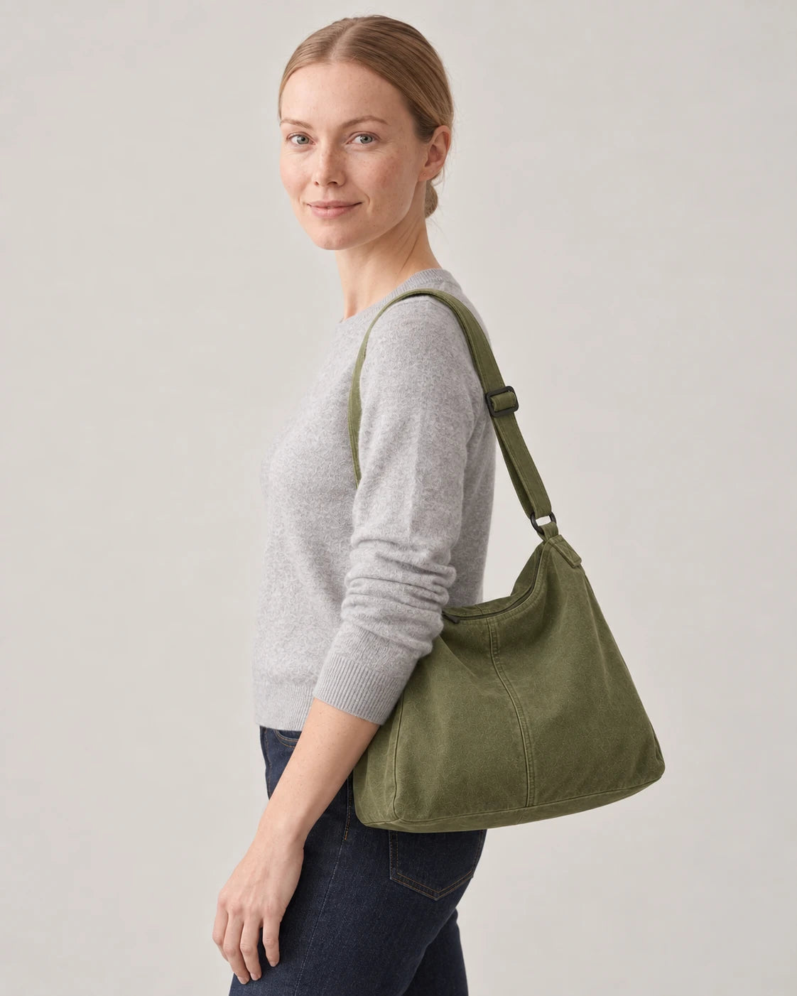 Women's Washed Canvas Hobo Bag - Colette - Model Side