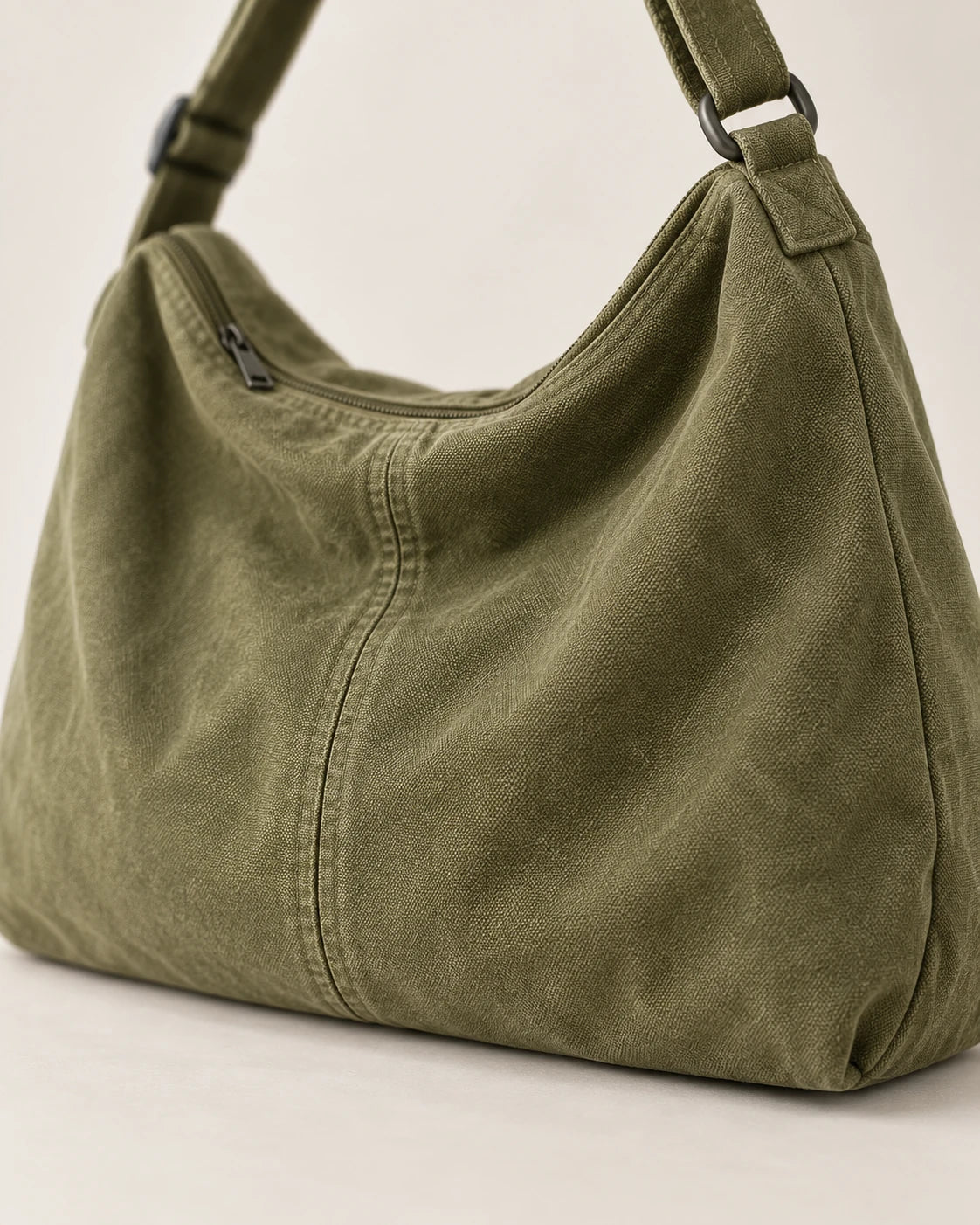 Women's Washed Canvas Hobo Bag - Colette - Central Seam and Wide Flat Base